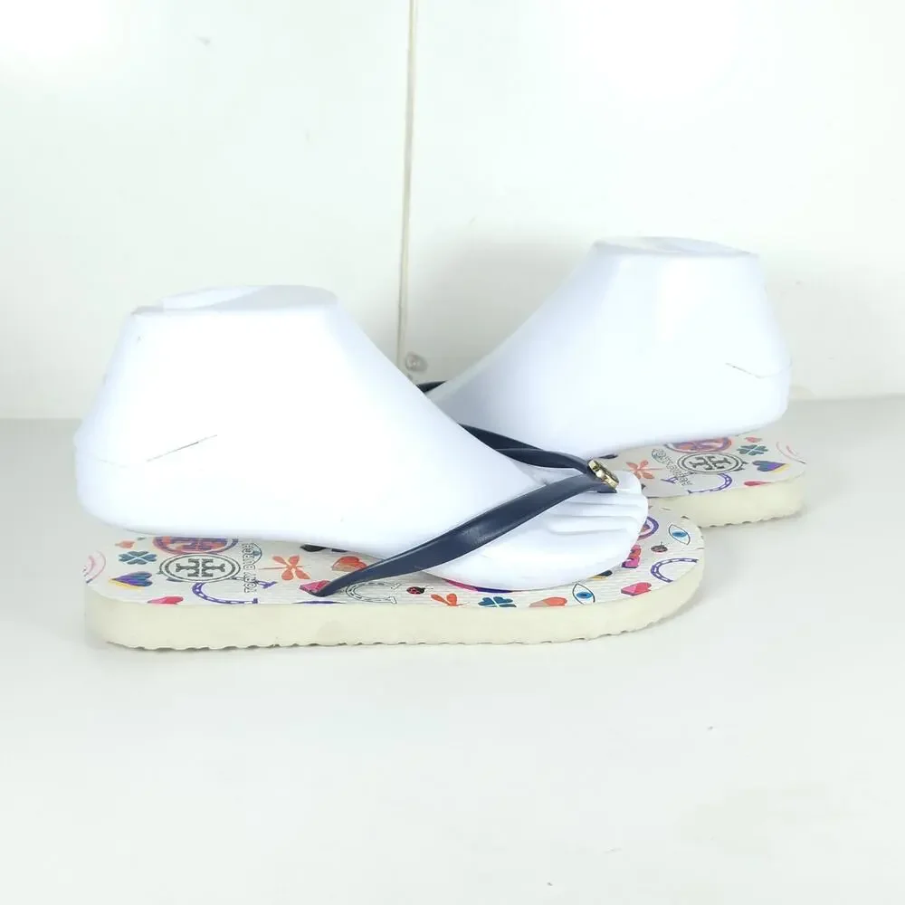 Tory Burch Women’s US6M Blue White Graphic Logo Flip Flop Thong Sandals